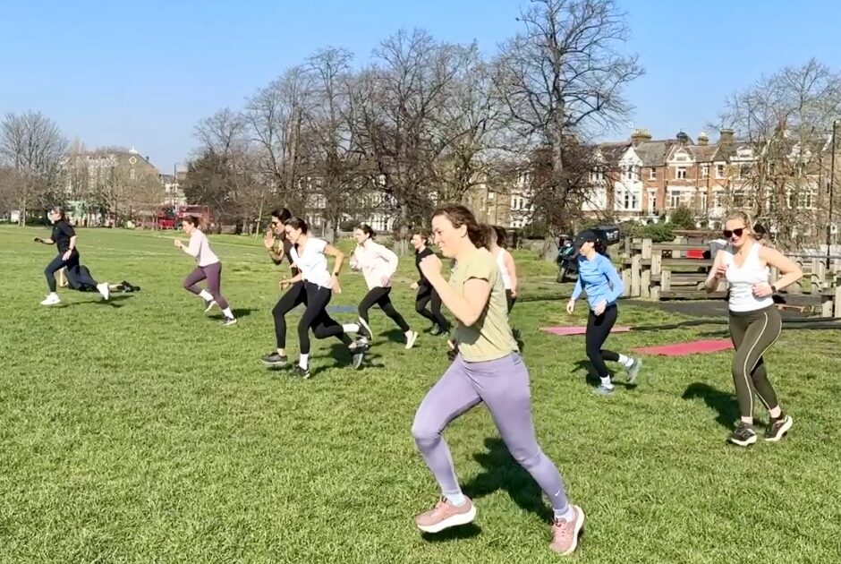 Women running during an outdoor bootcamp session in Clapham Common